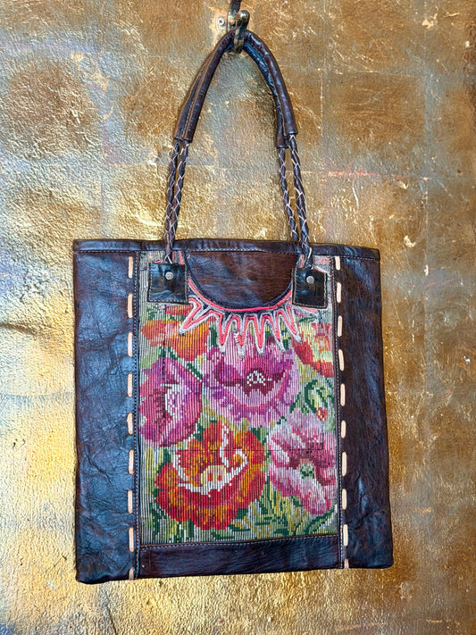 Needlepoint Leather Tote in Field of Flowers