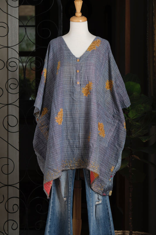 Kantha Button Top in Blue Sky Gold Flower