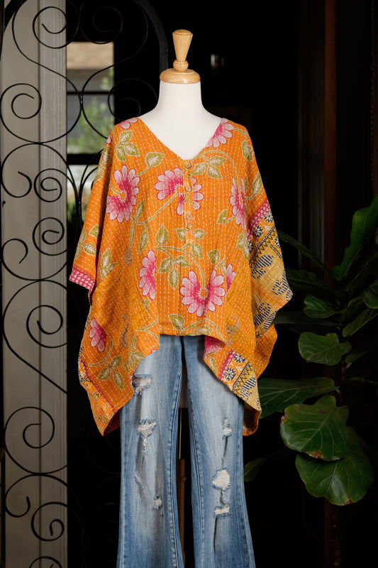Kantha Button Top in Sunny Garden