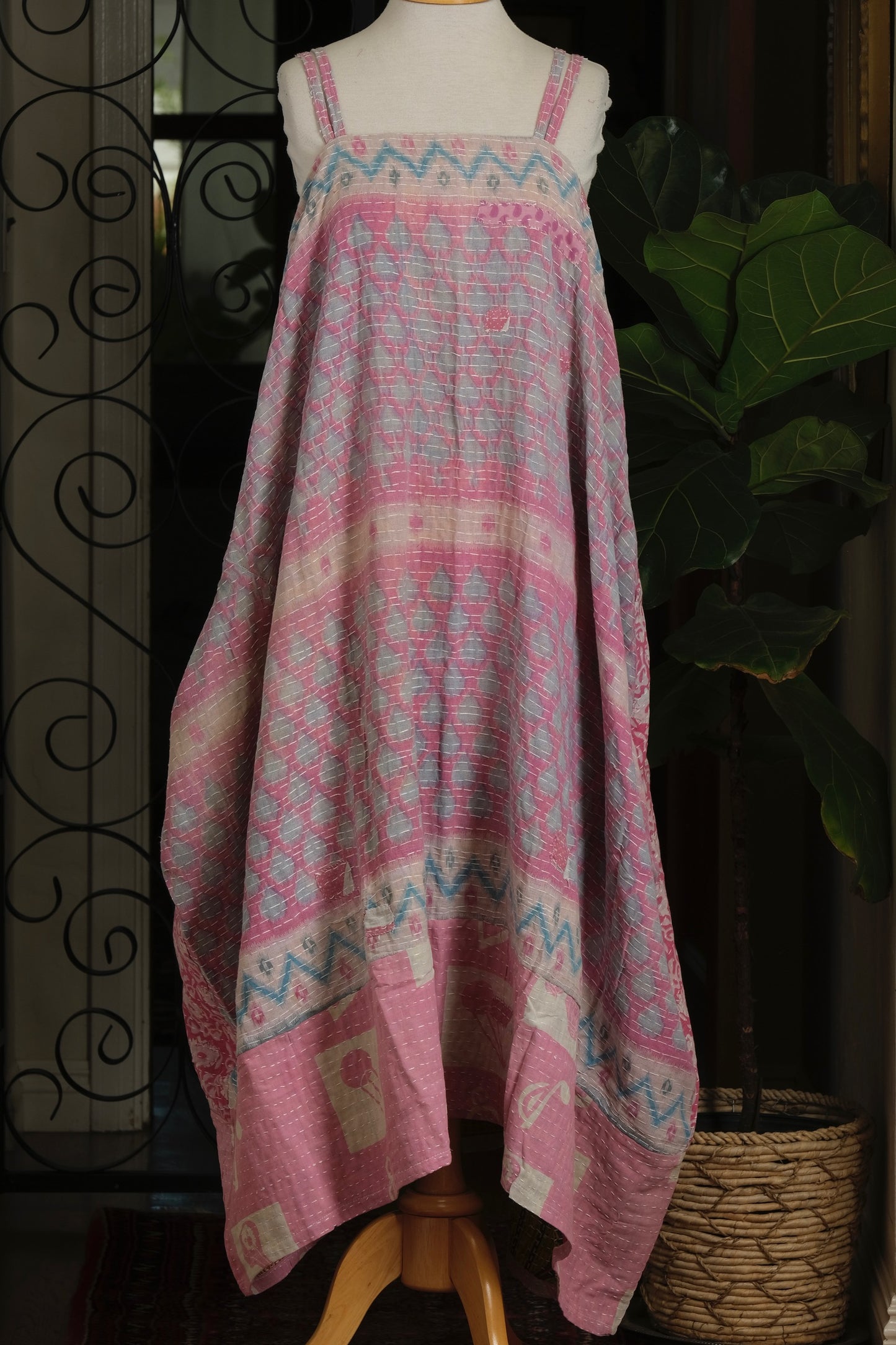 Kantha Maxi Dress in Pink Leaf