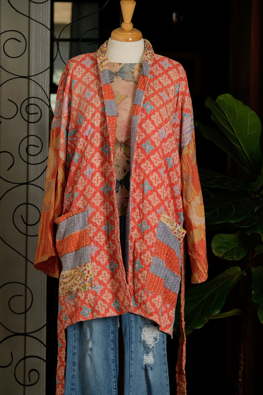 Silk Sleeve Kantha Jacket in Coral Tile