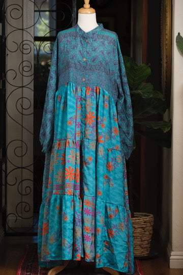 Silk Majestic Duster Dress in Turquoise Red Flower