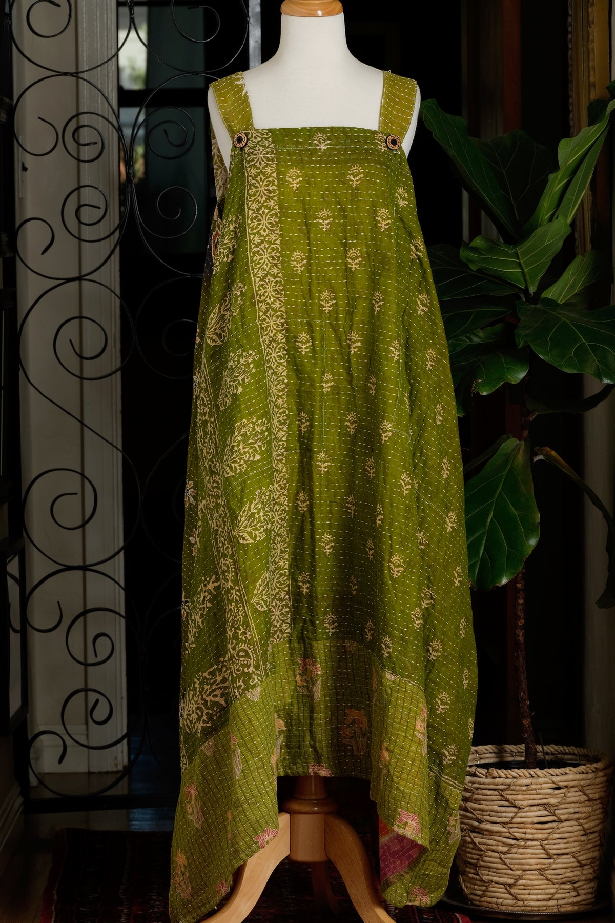 Button Kantha Maxi Dress in Green Hallow