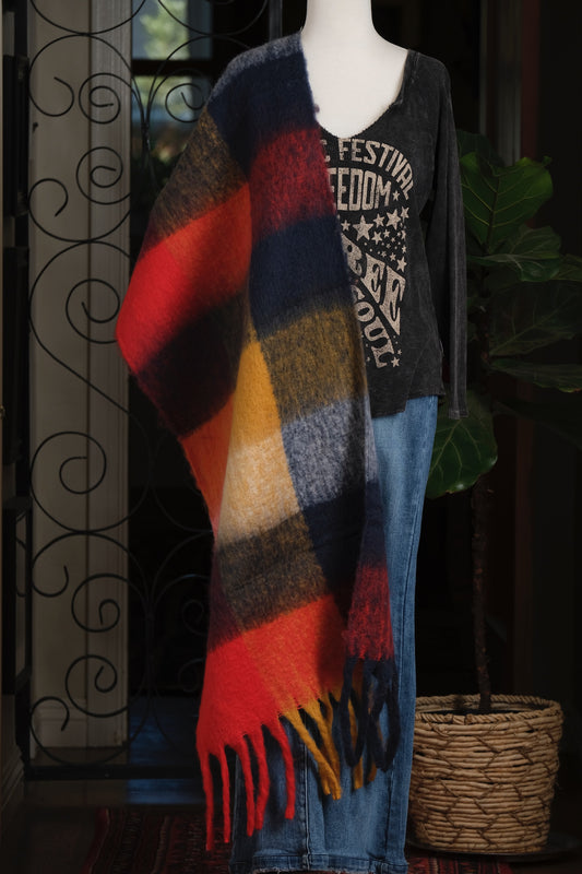 Cozy Fringe Shawl in Red Plaid