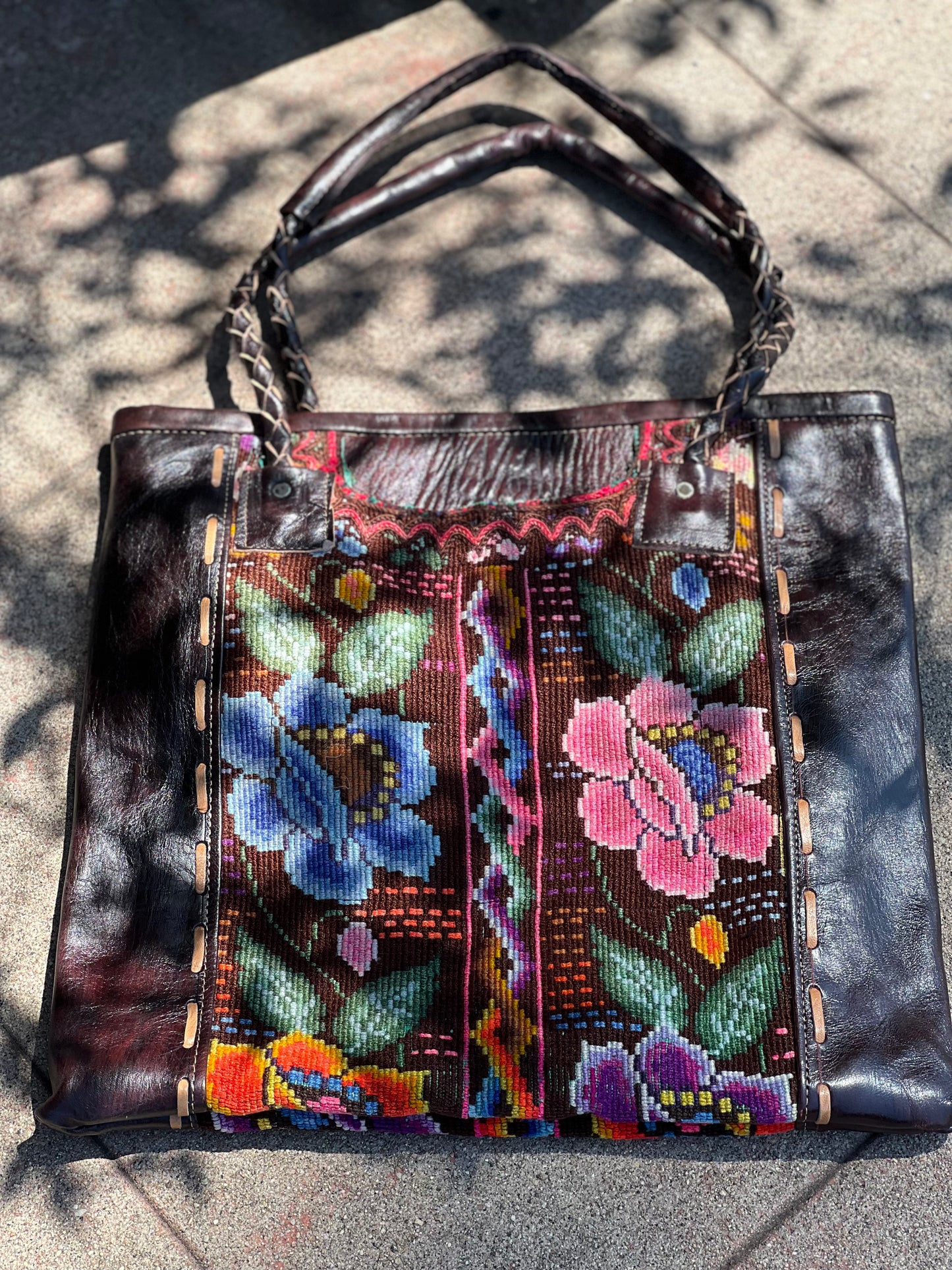 Needlepoint Leather Tote in Frida's Flowers