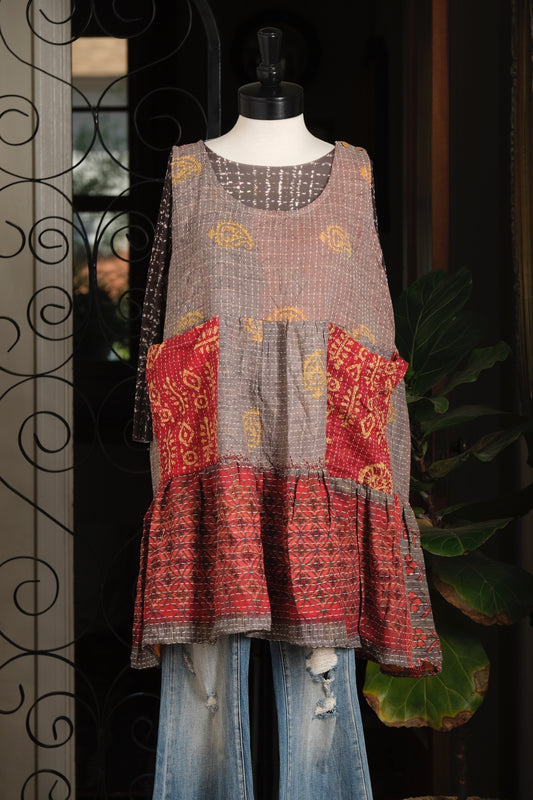 Kantha Pinafore Mini in Red Pockets