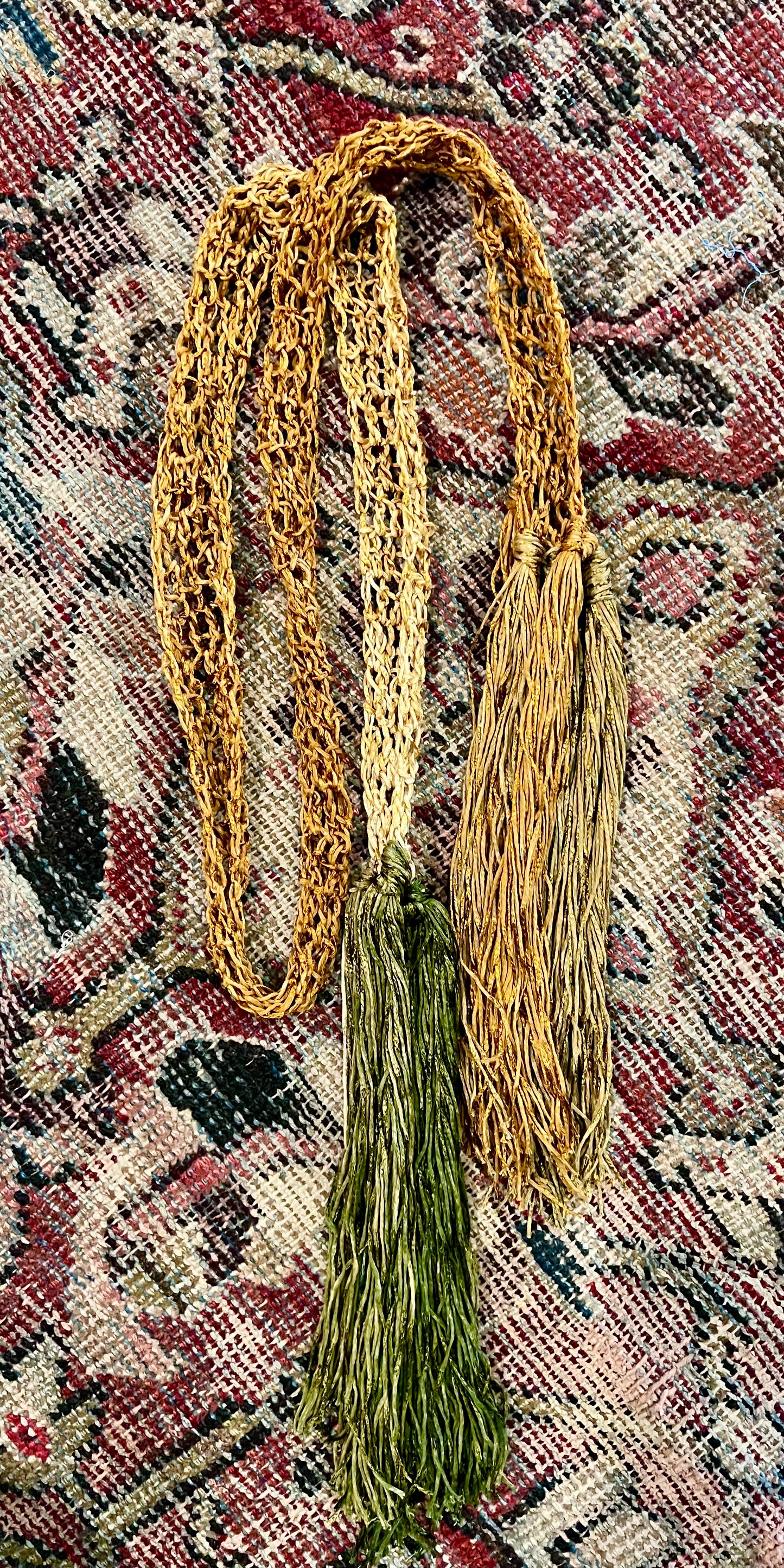 tassel scarf

st jazmin handmades

st jazmin

skinny scarf

scarf

handmades

handmade scarf

handmade

green

golden

chateau bel age