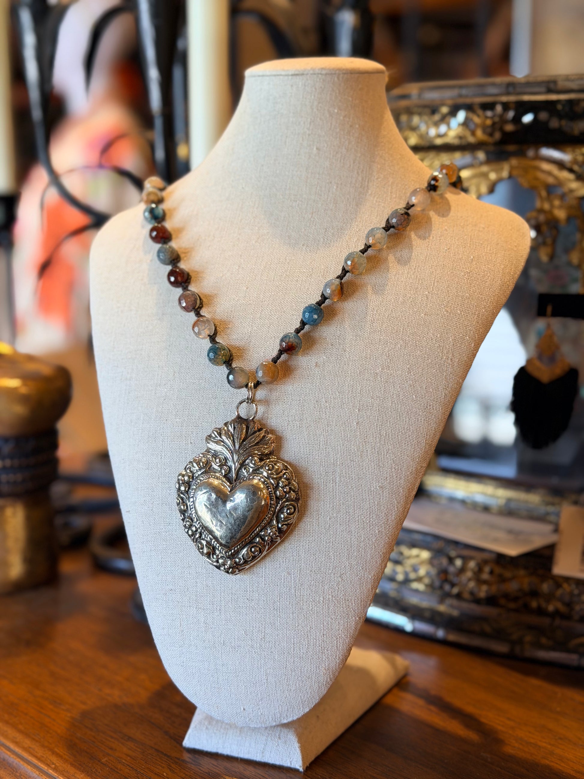 sterling silver plated

solid bronze

necklace

heart necklace

hand casted

chateau bel age

blue agate