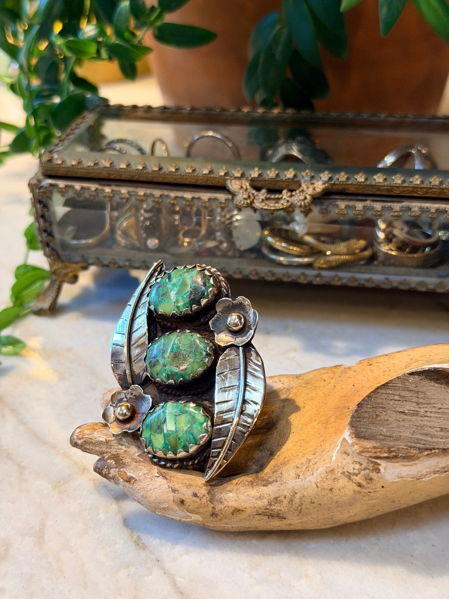 Flowers and Green Turquoise Ring