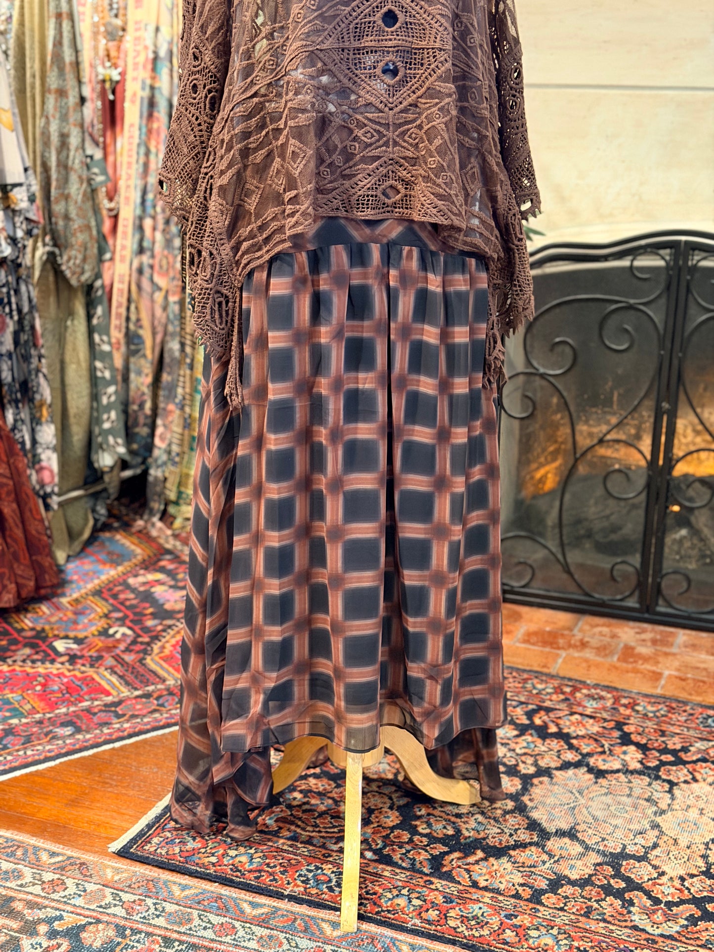 Chiffon Plaid High Low Skirt