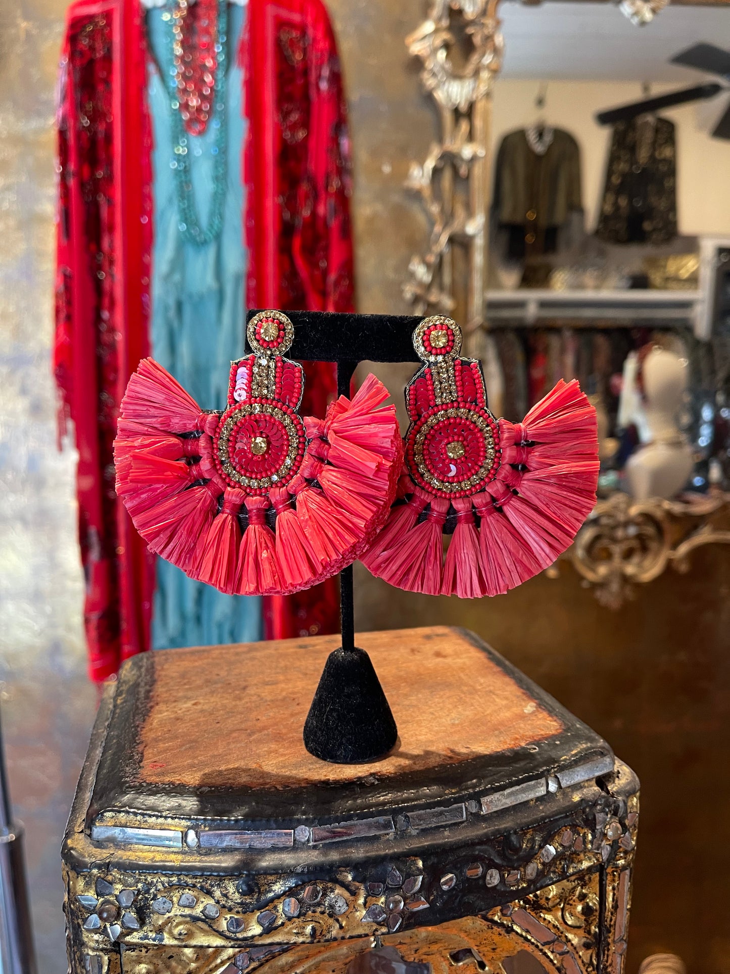 Raffia Coral Tassel Earrings