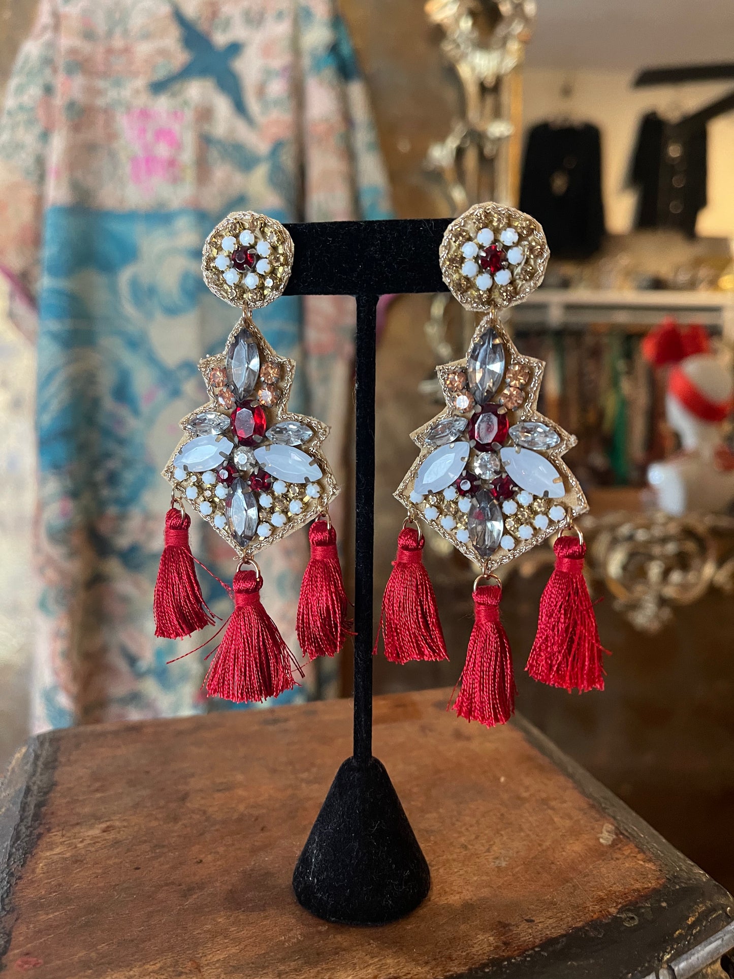 Triple Red Tassel Rhinestone Earrings