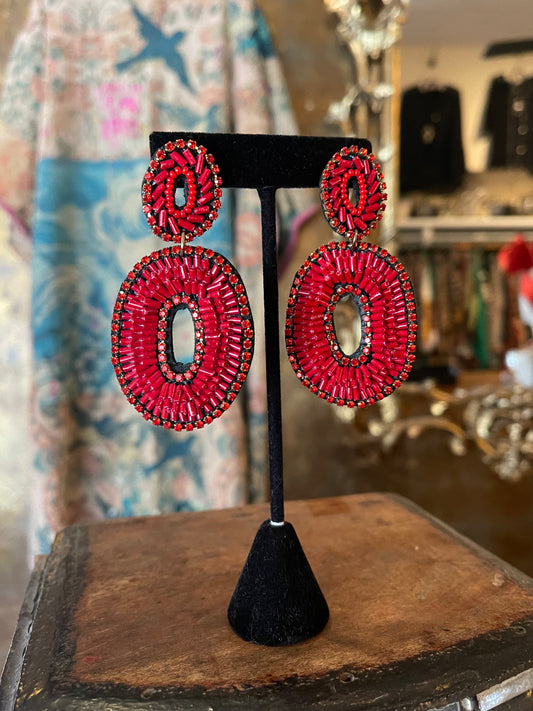 Red Beaded and Rhinestone Oval Earrings