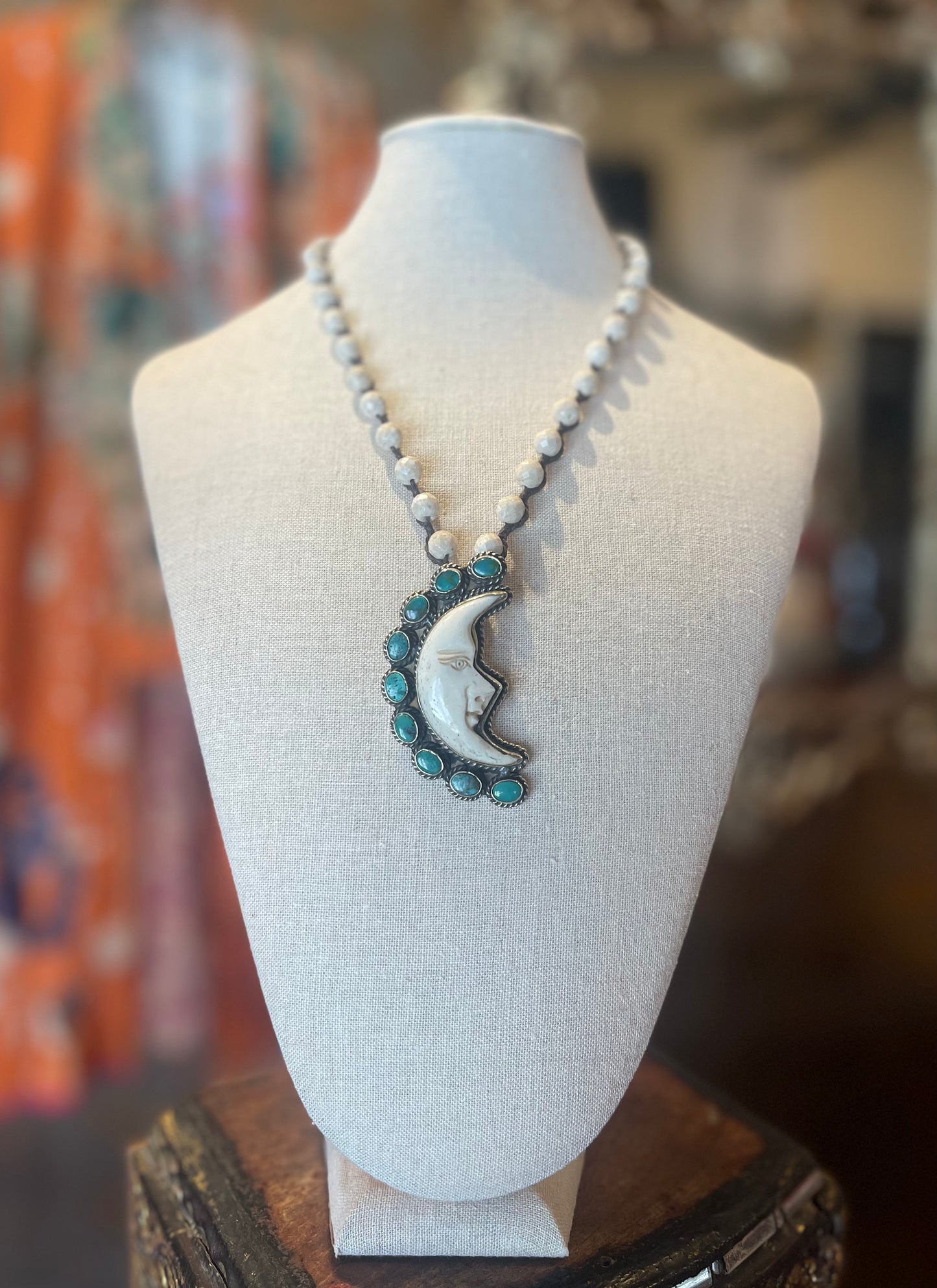 Carved Bone Moon with White Turquoise 972
