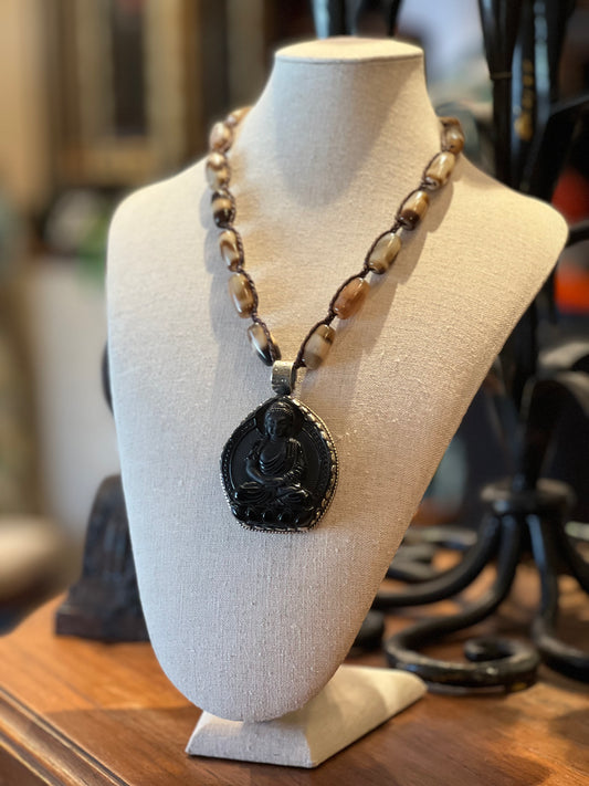 Black Carved Buddha 1168 with Stone Beads