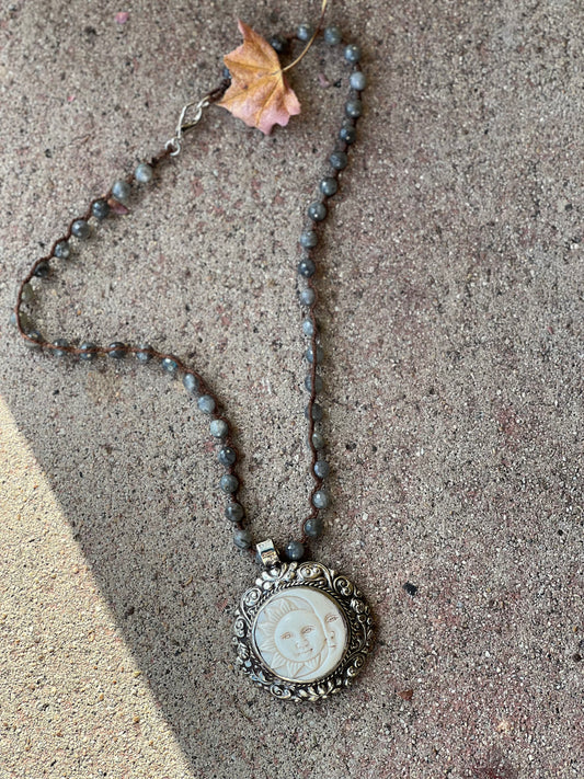 Carved Bone Crescent Moon and Sun 1253 Necklace