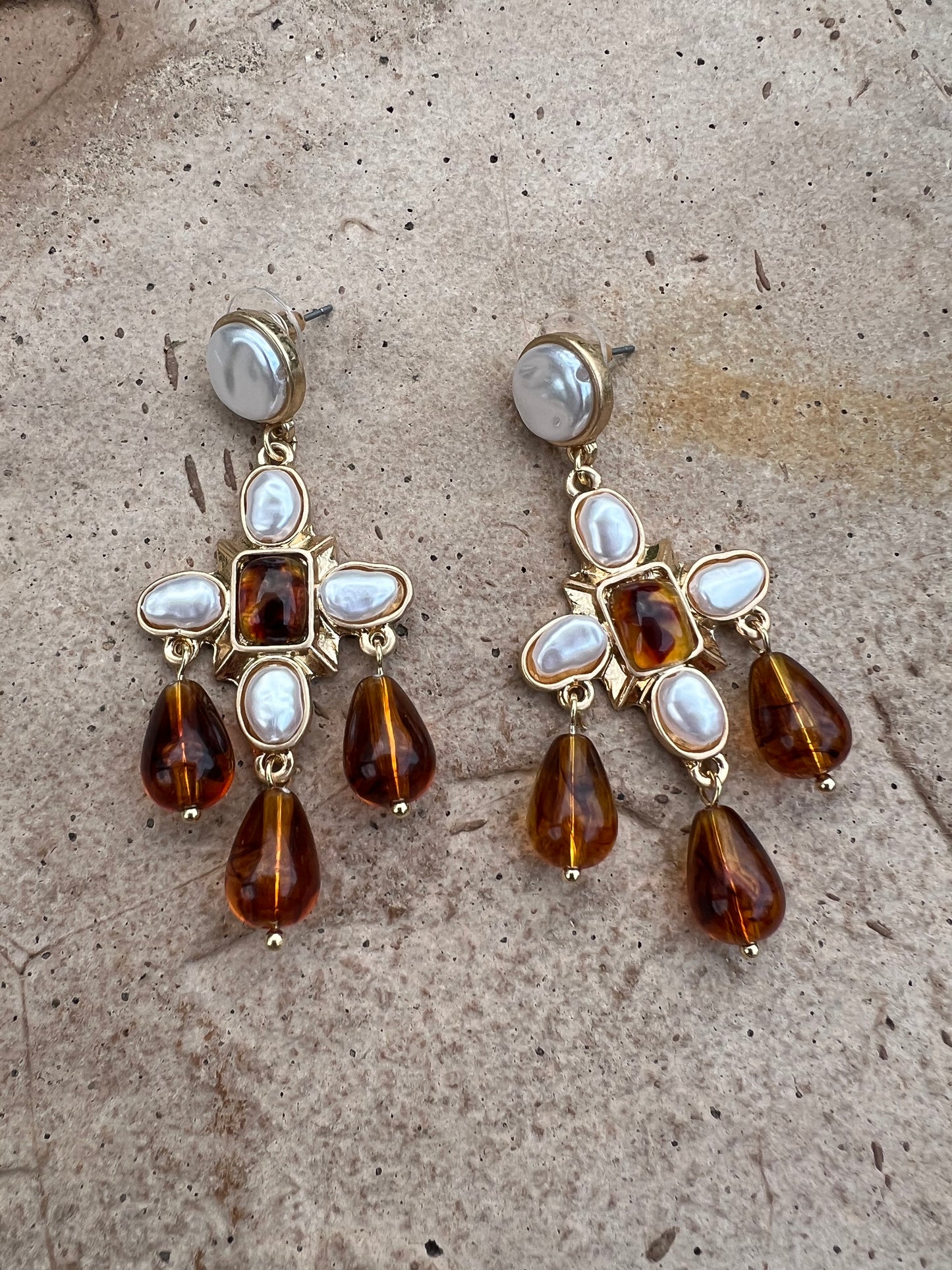 Cross Earring in Pearl Tortoise Drop