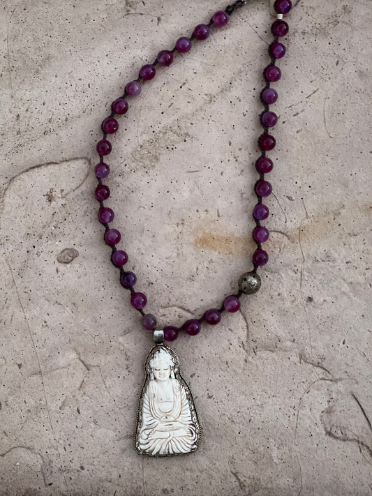 Carved Bone Buddha 1292 with Purple Jade Necklace