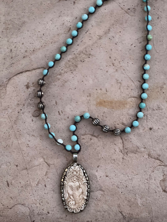 Carved Bone Ganesh 1283 with Turquoise Stones