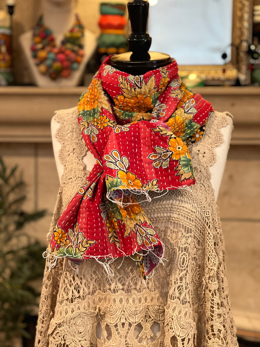 Kantha Scarf in Red Garden