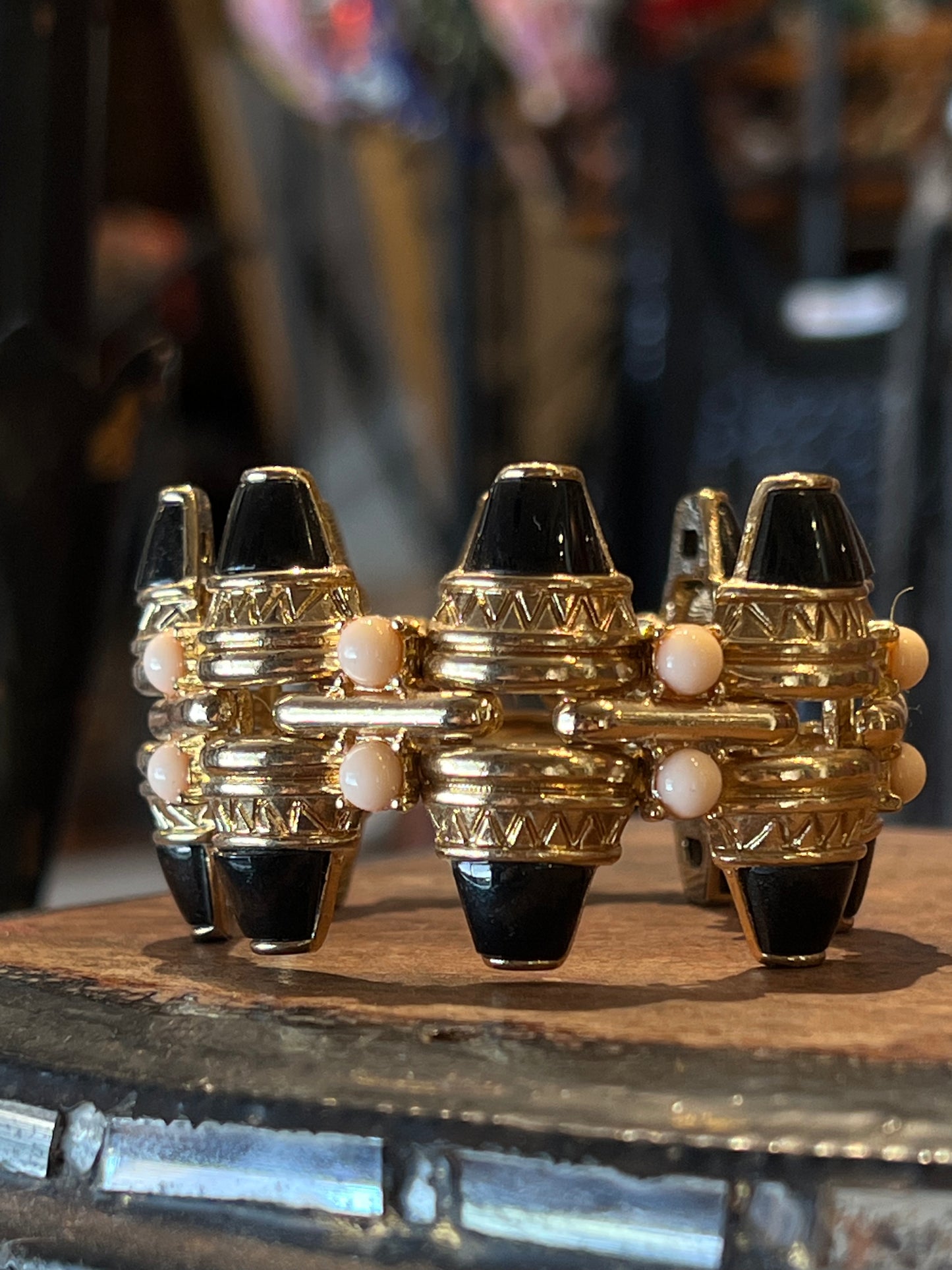Enameled Stretch Bracelet in Black with Peach