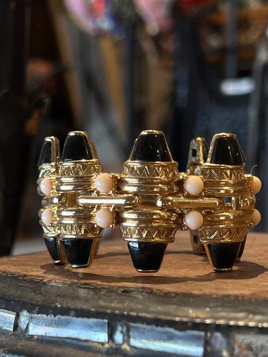 Enameled Stretch Bracelet in Black with Peach