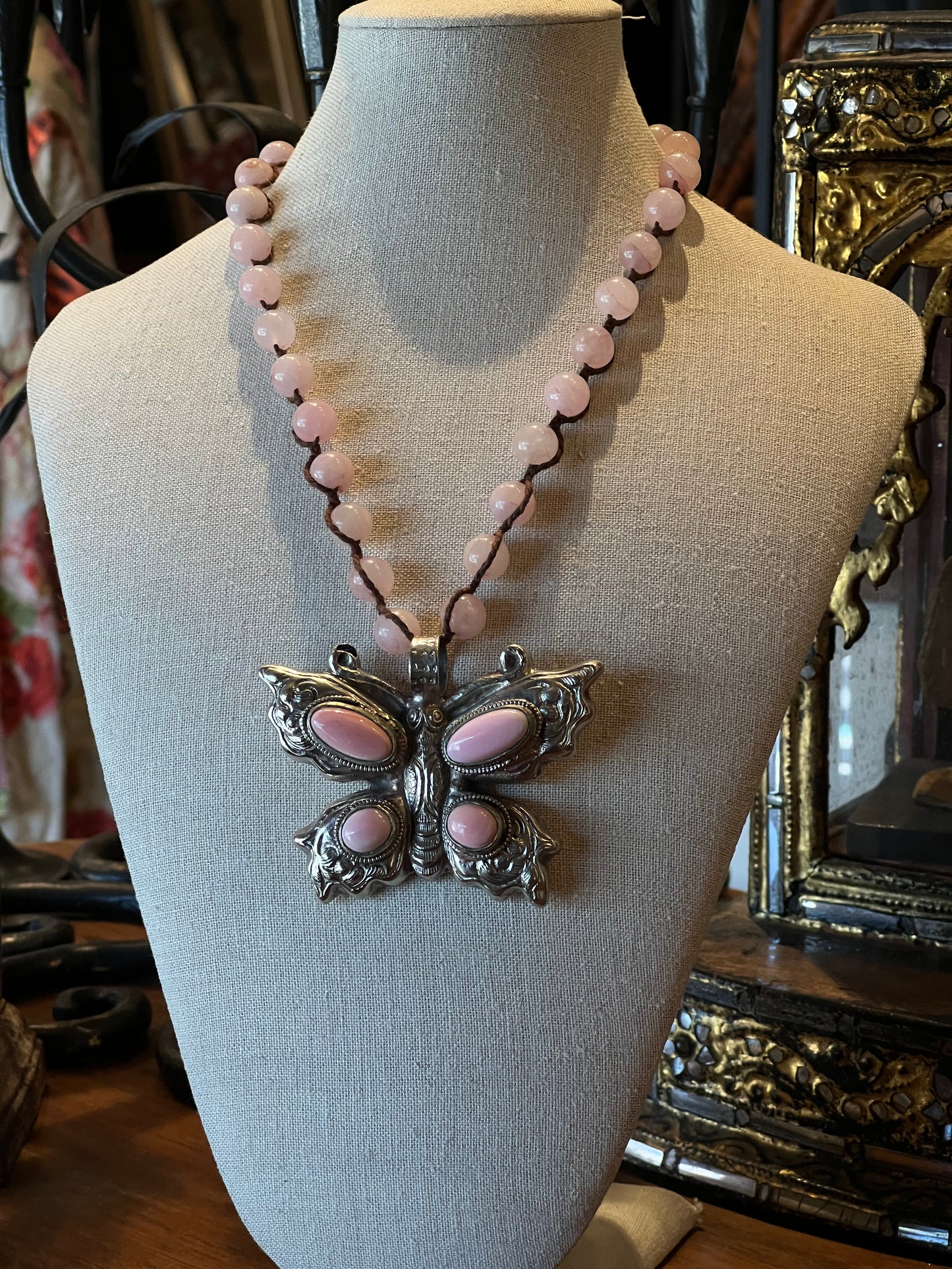 Gothic Butterfly in Pink Jade Necklace 1498