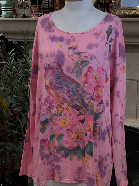 Long Sleeve T Shirt in Pink Song Bird