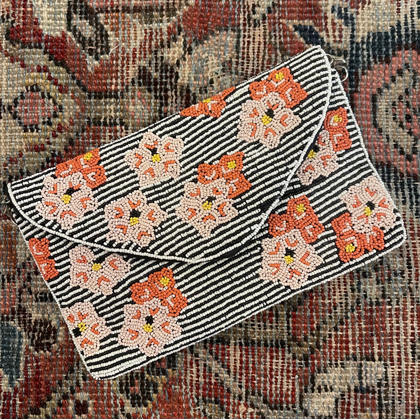 Beaded Striped Floral Clutch