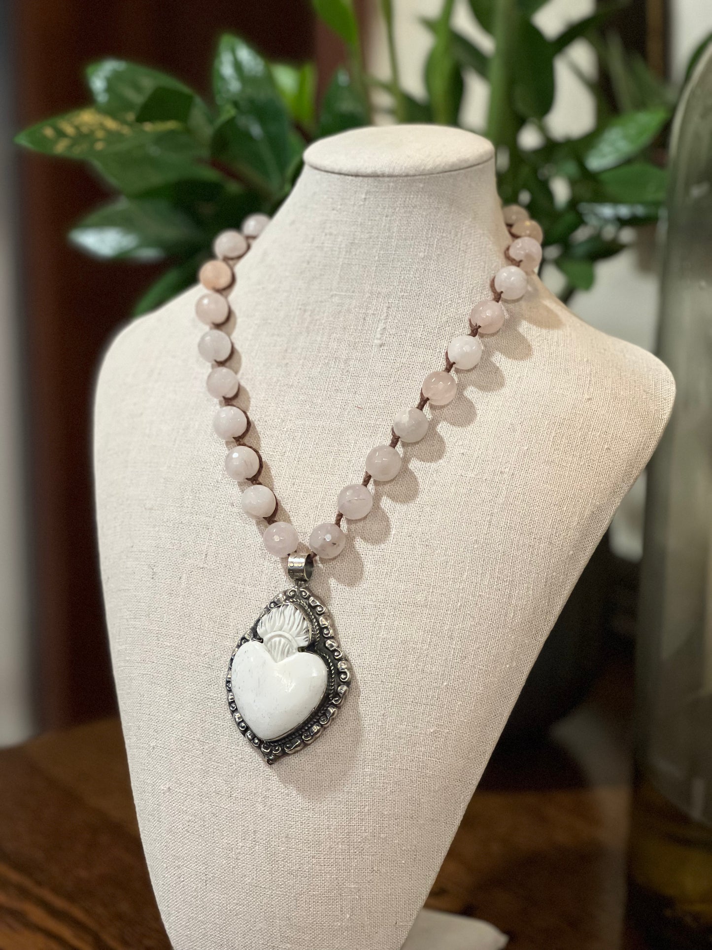 Bone Heart on Pink Quartz 1645