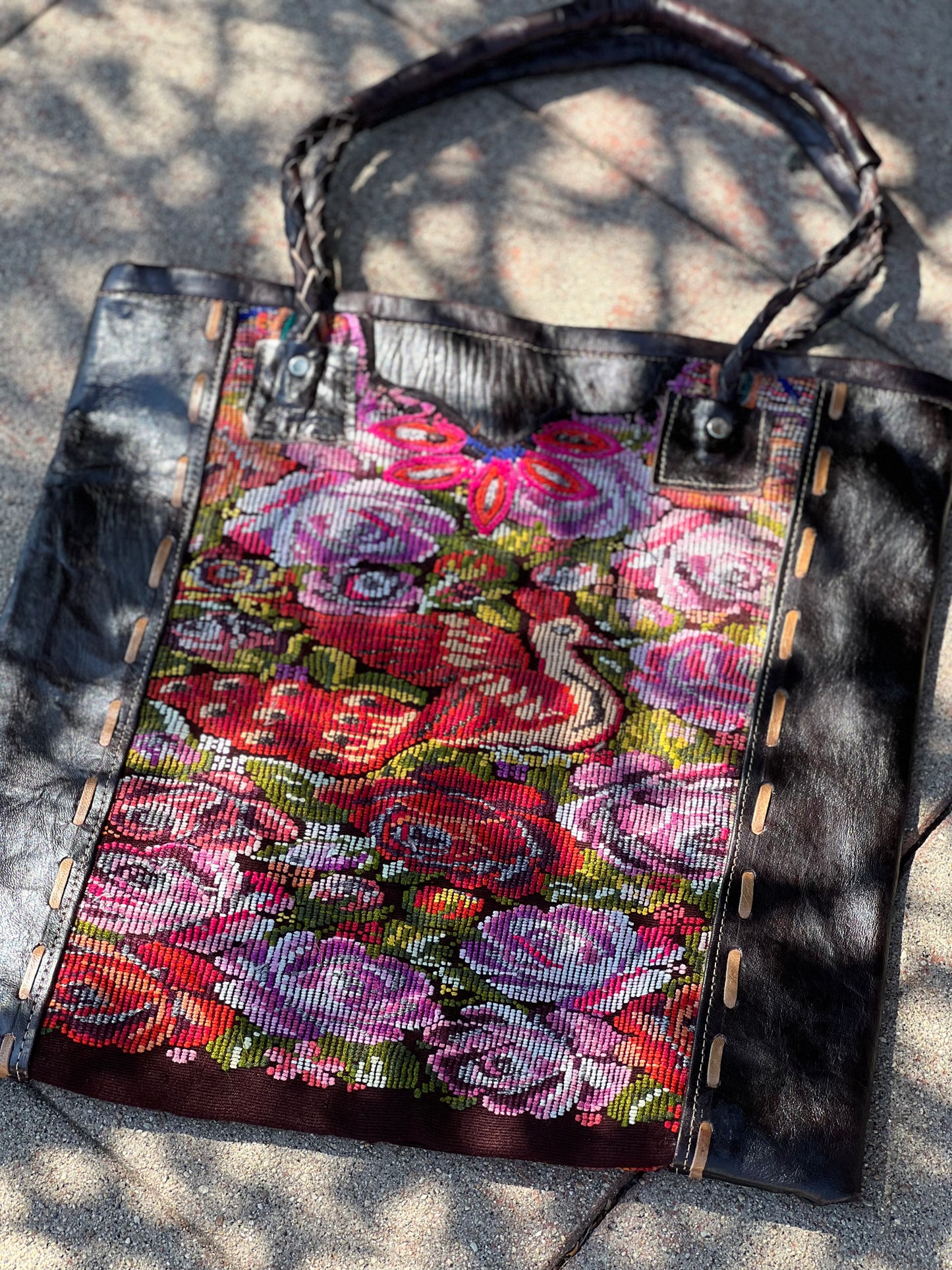 Needlepoint Leather Tote Bag in Golden Dove