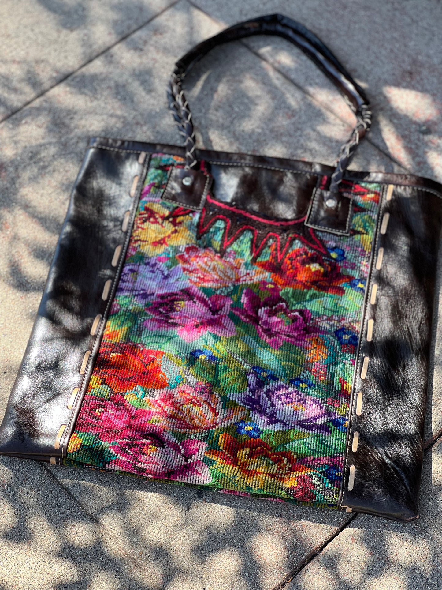 Needlepoint Leather Tote in Bed of Roses