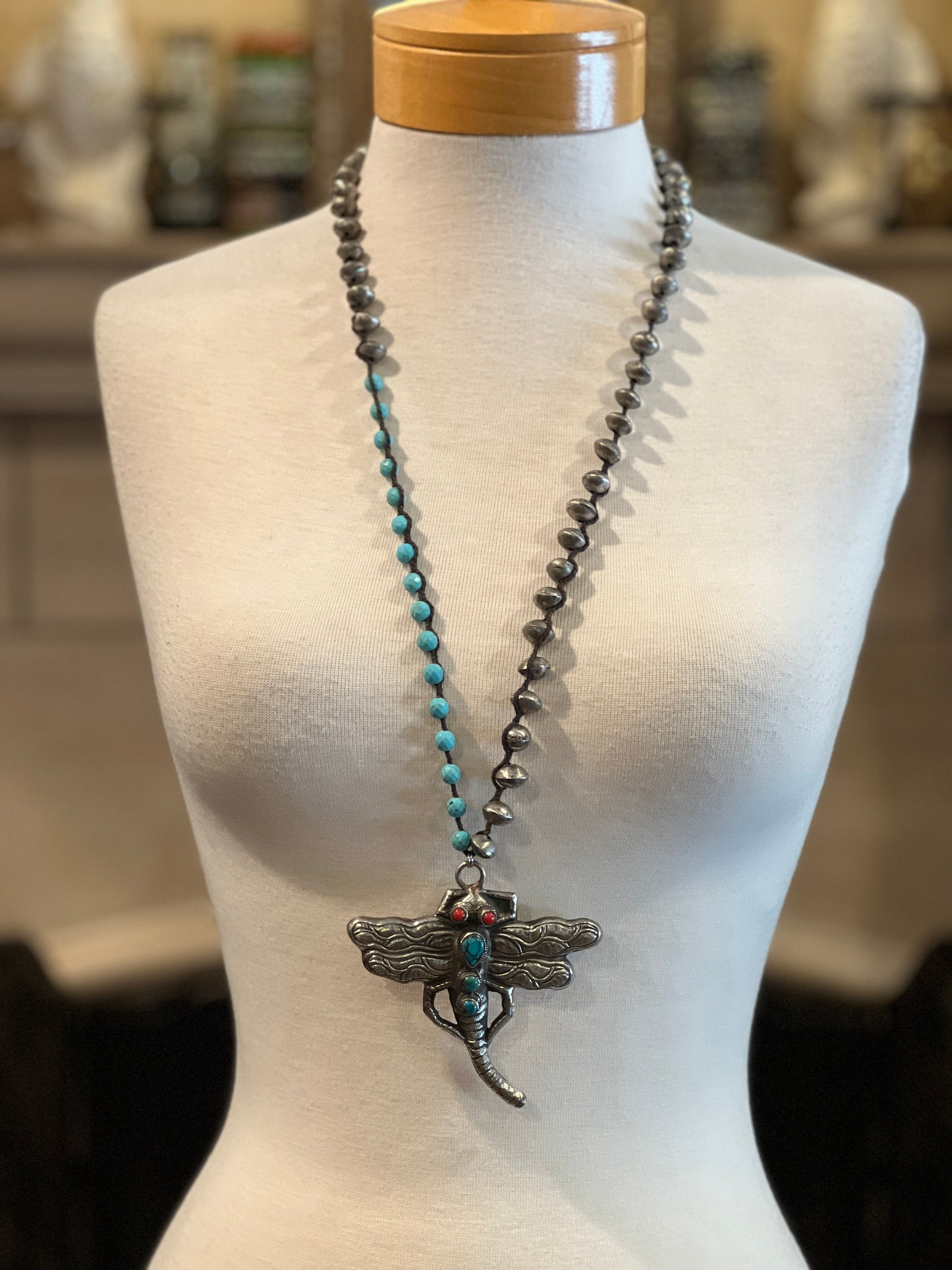Dragonfly Pendent Necklace with Coral & Turquoise