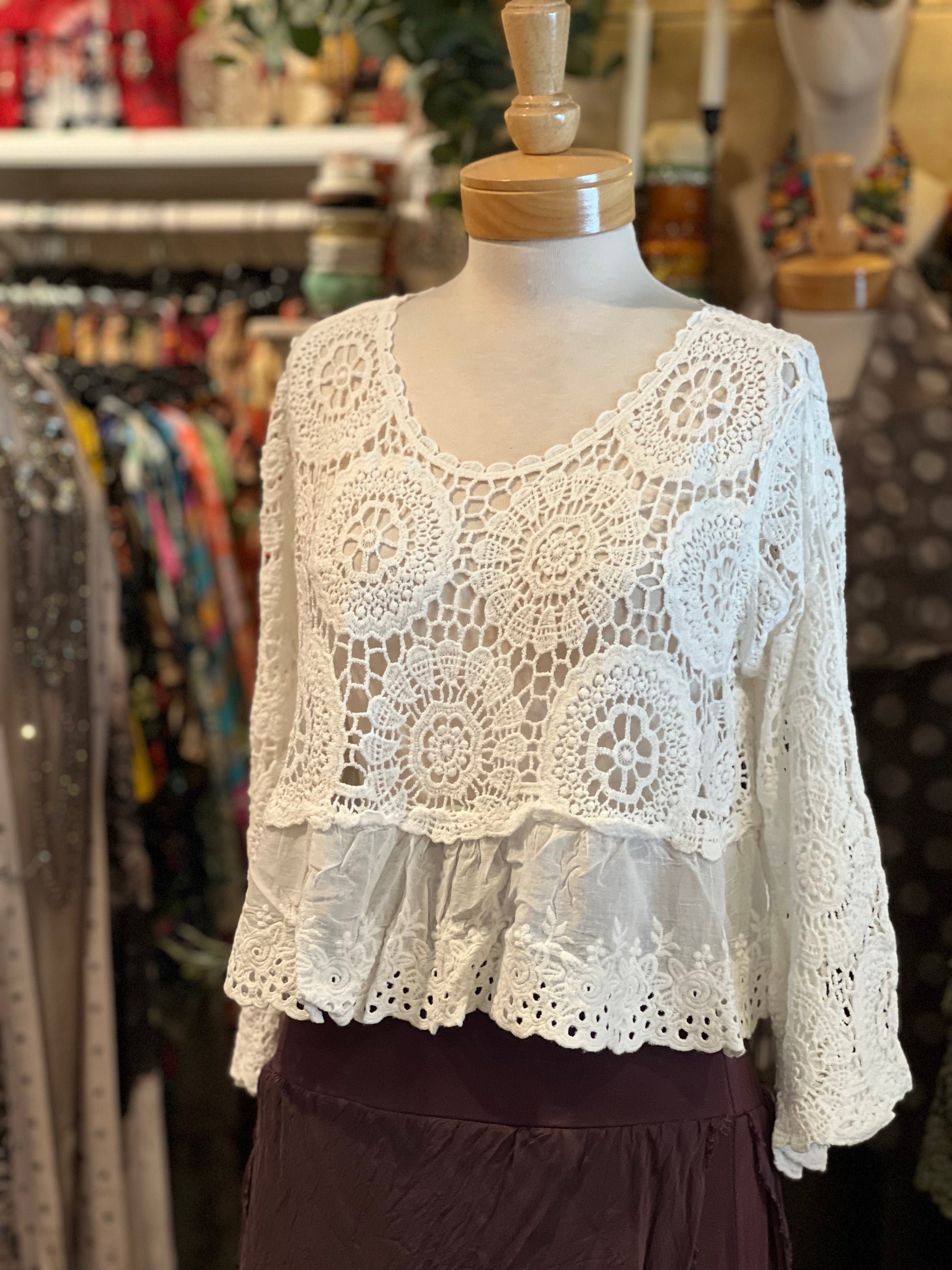 Long Sleeve European Eyelet Crochet Top – Chateau Bel Age Boutique