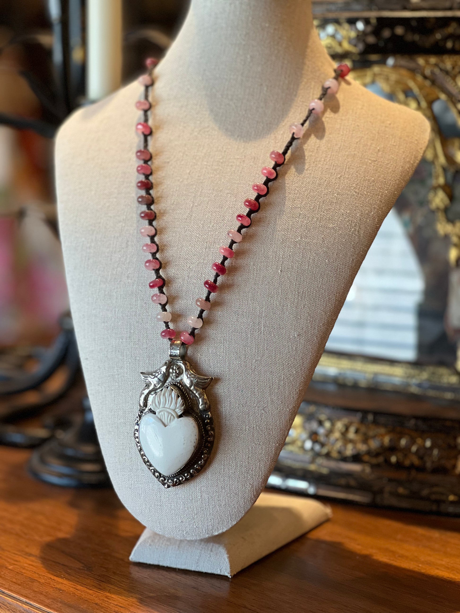 semi precious

sacred heart

pink quartz

natural stones

doves
carved bone