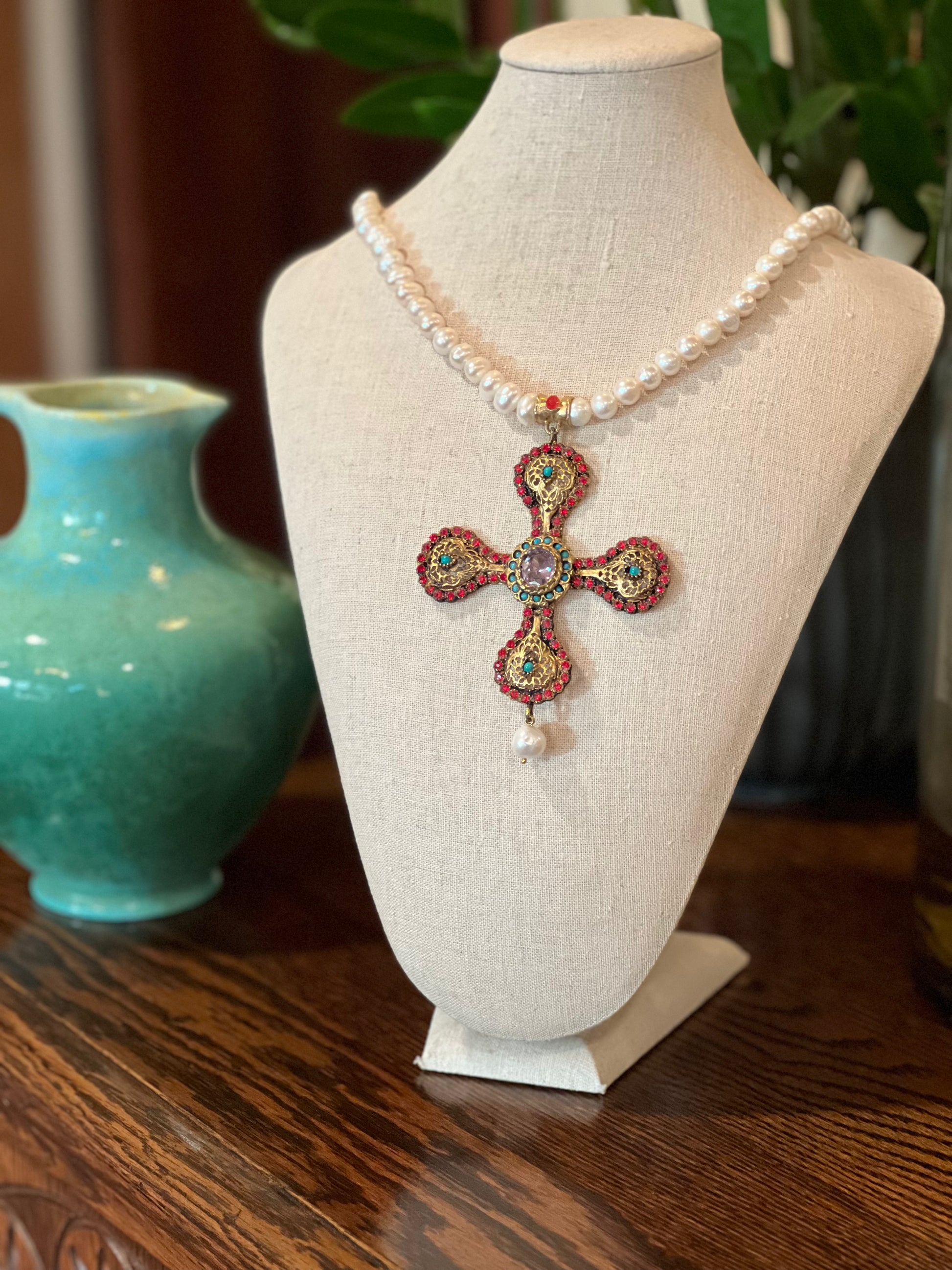 Ornate Cross on Pearls – Chateau Bel Age Boutique