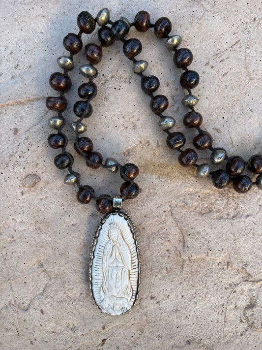 Guadalupe Necklace in Bone and Wood Beads 423