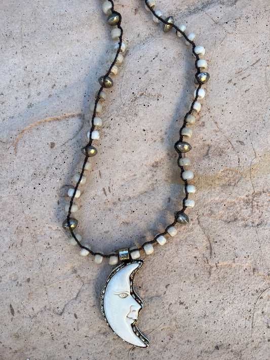 Moon Necklace in Bone with Glass Beads 429