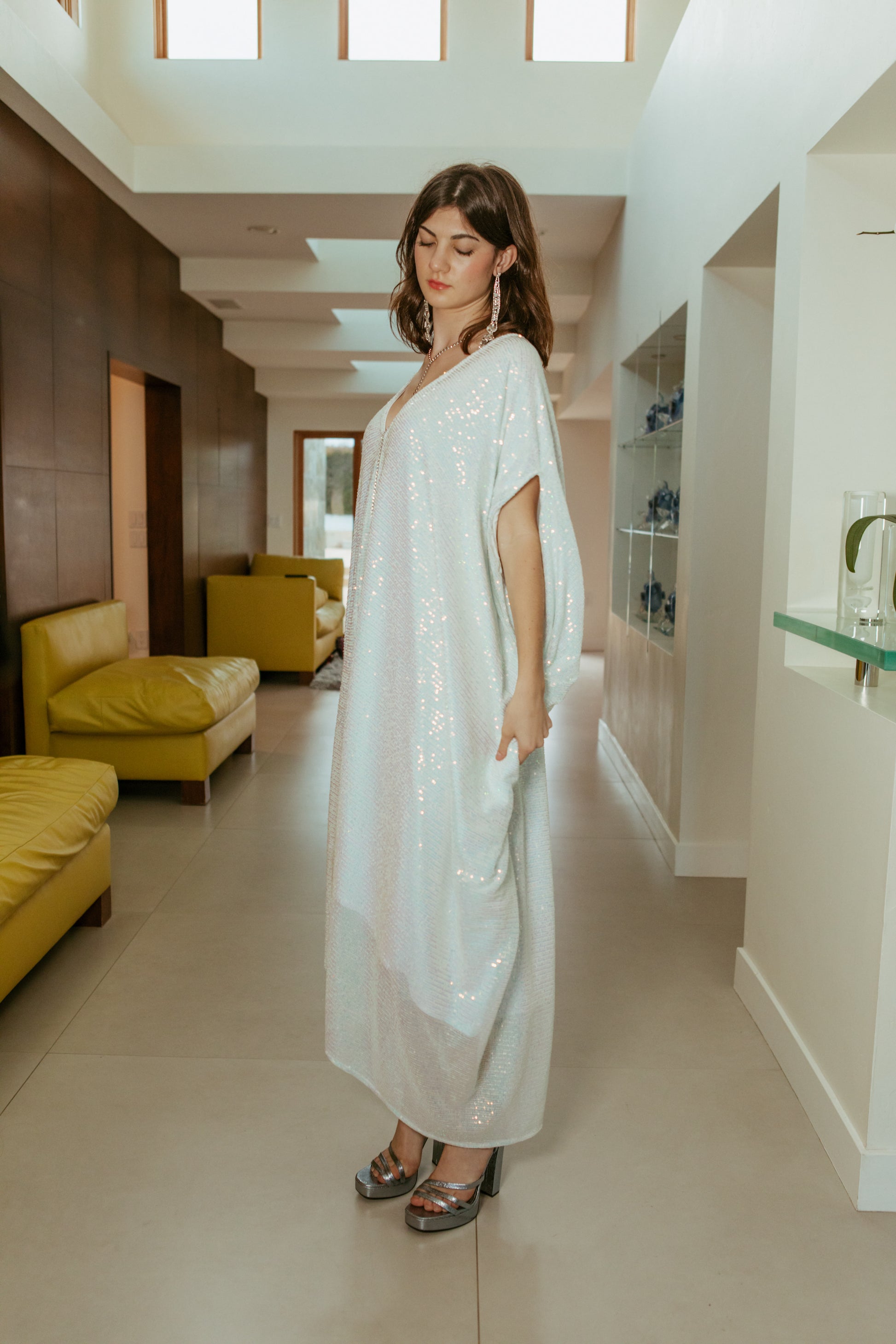 Jennafer Grace Caftan Cocktail Dress Moonstone Blanc Sequin Caftan