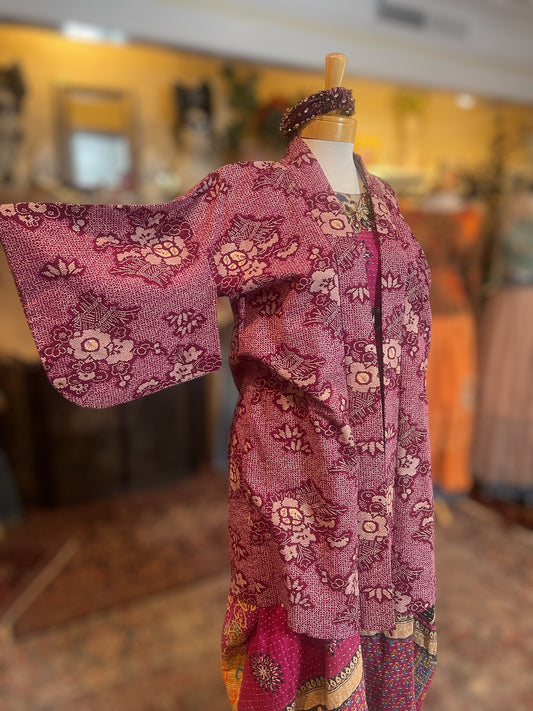 Vintage Kimono in Berry Flower