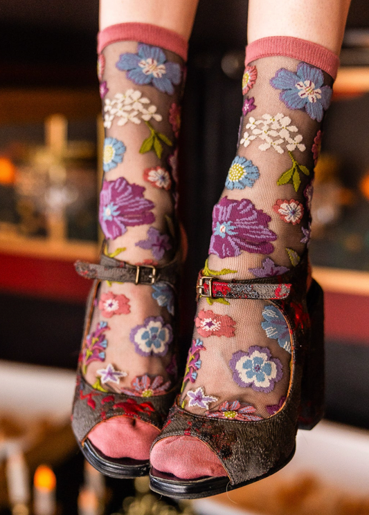 Dark Florals Black Sheer Crew Socks – Chateau Bel Age Boutique