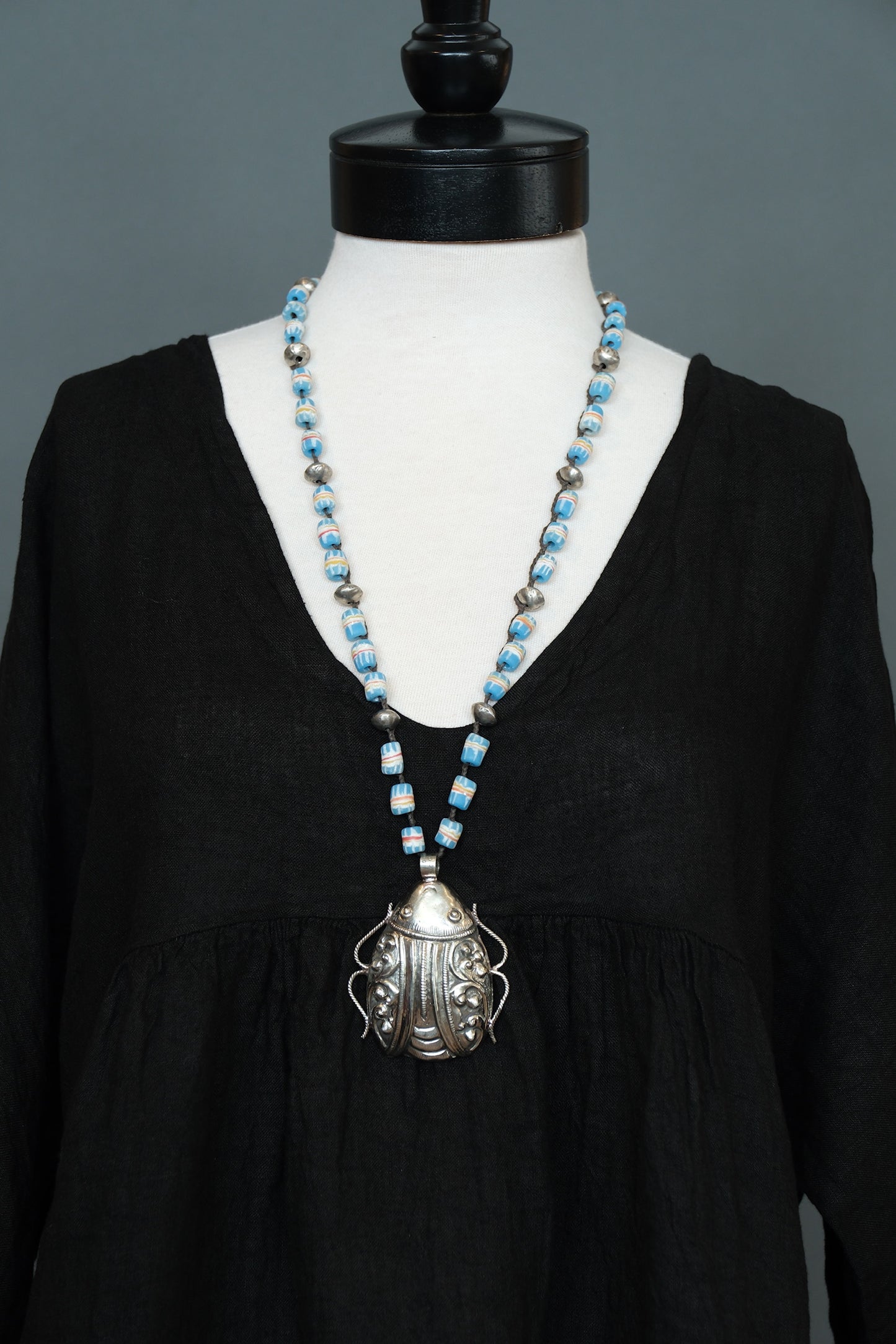Beetle Pendent Necklace with African Blue Trade Beads