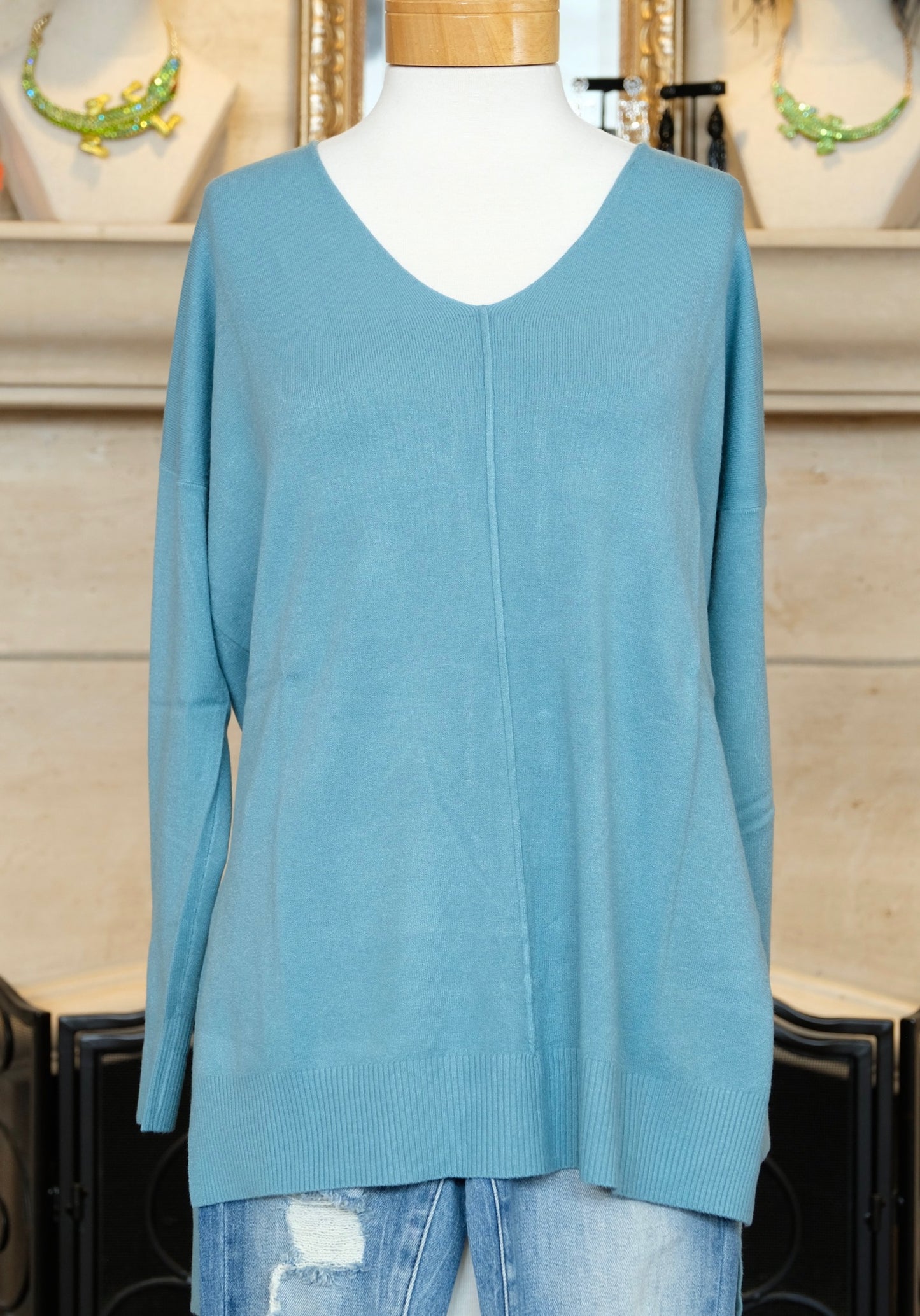 V Neck Sweater in Soft Turquiose