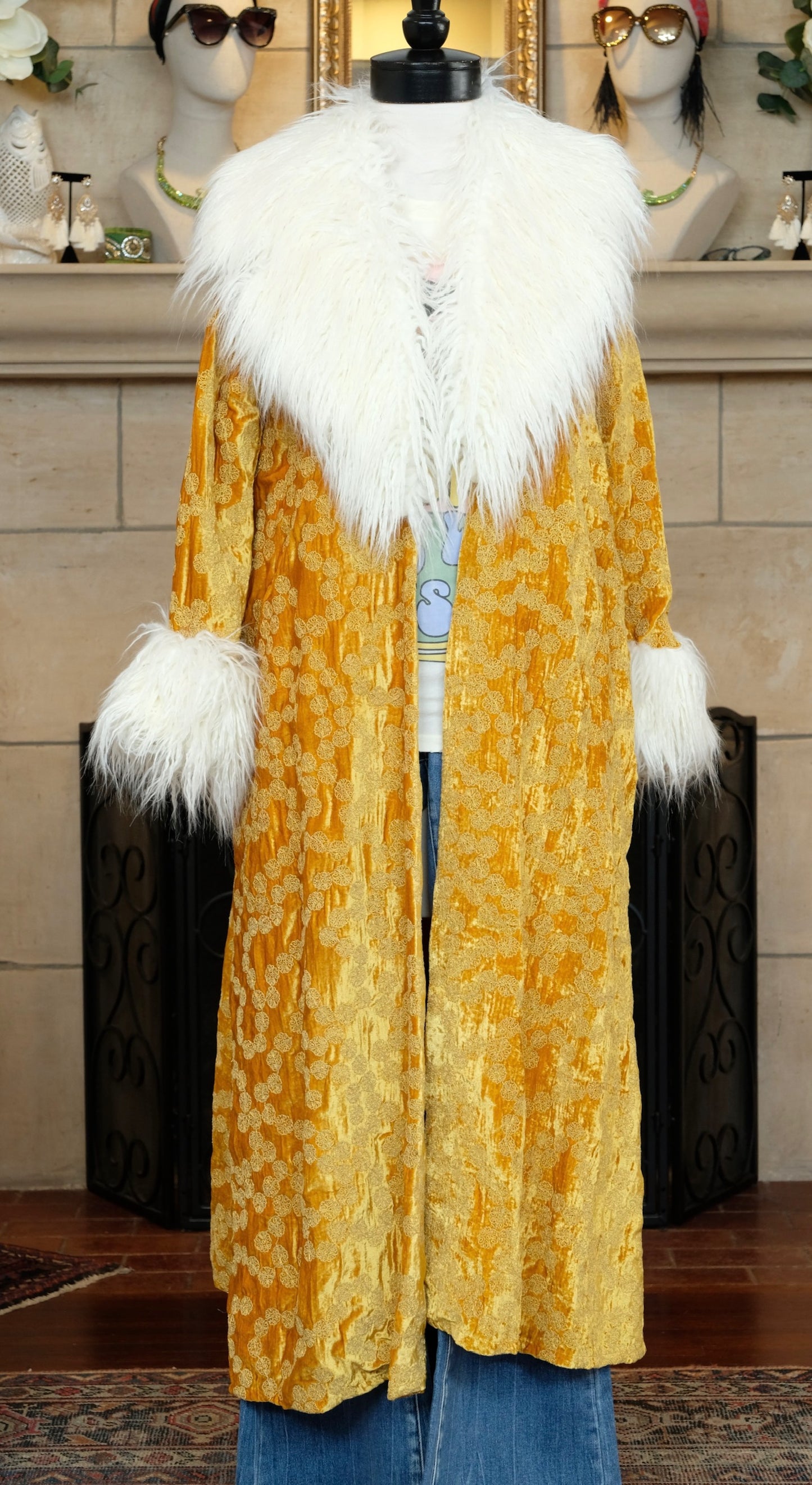 Penny Sunshine Embroidered Silk Velvet Faux Fur Coat by Jennafer Grace