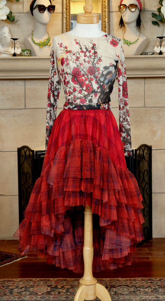 Red Plaid Ruffle Tiered High-Low Tulle Skirt