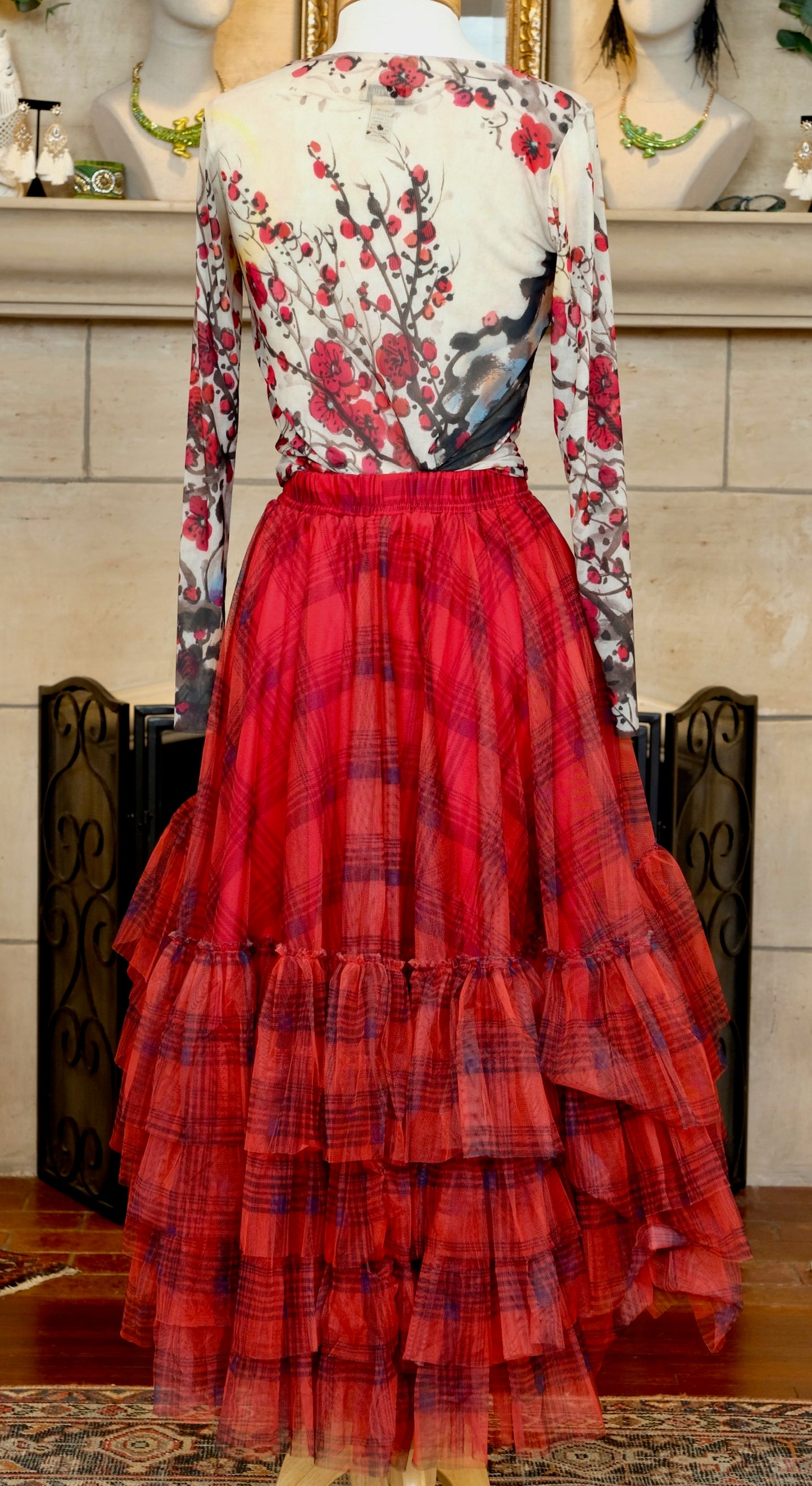 Red Plaid Ruffle Tiered High-Low Tulle Skirt