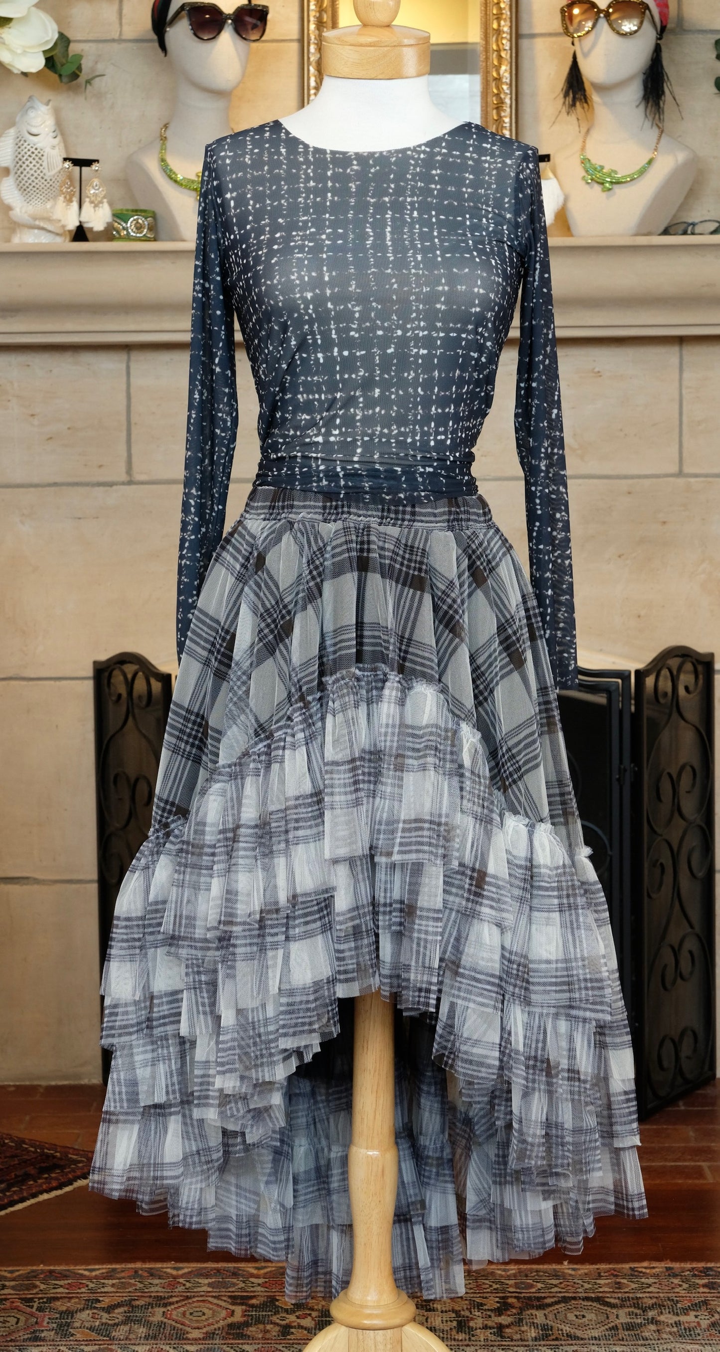 Grey Plaid Ruffle Tiered High-Low Tulle Skirt