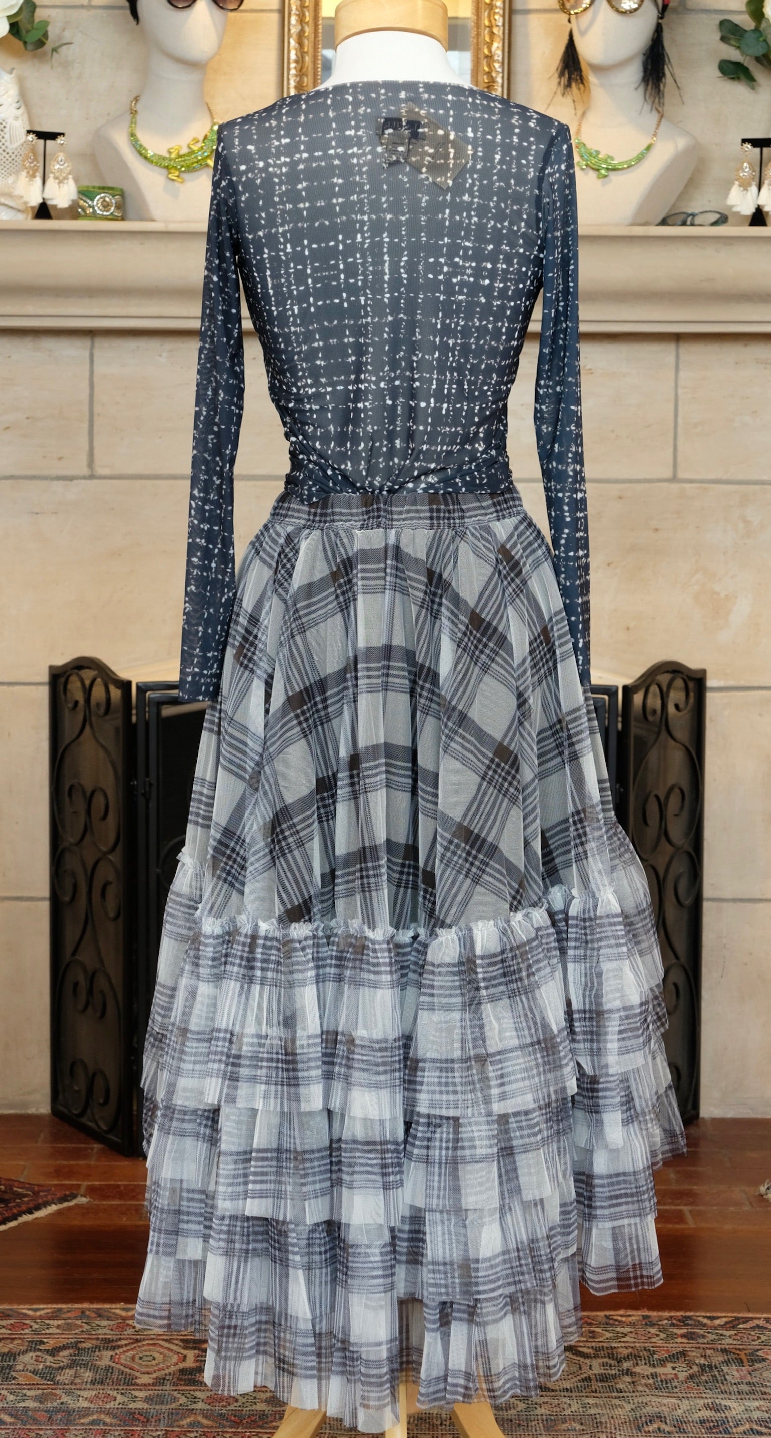 Grey Plaid Ruffle Tiered High-Low Tulle Skirt - Main Image