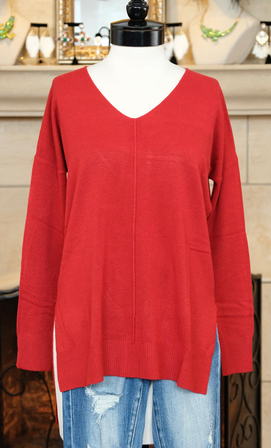 V Neck Sweater in Red
