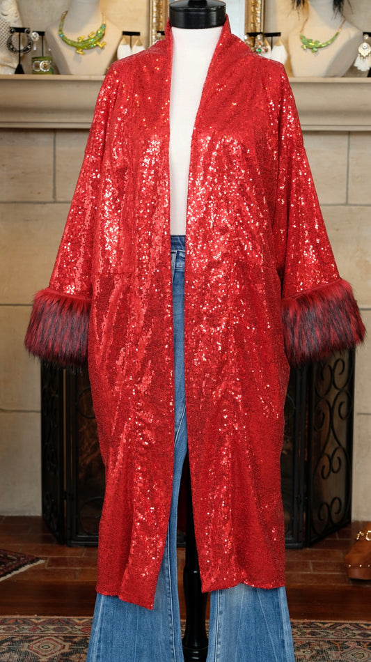 Red Sequin Faux Fur Koi Kimono by Jennafer Grace